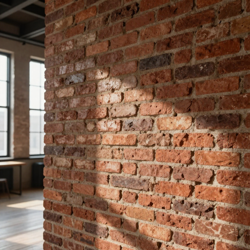Sunlit red brick wall beside large industrial windows inside a modern loft room