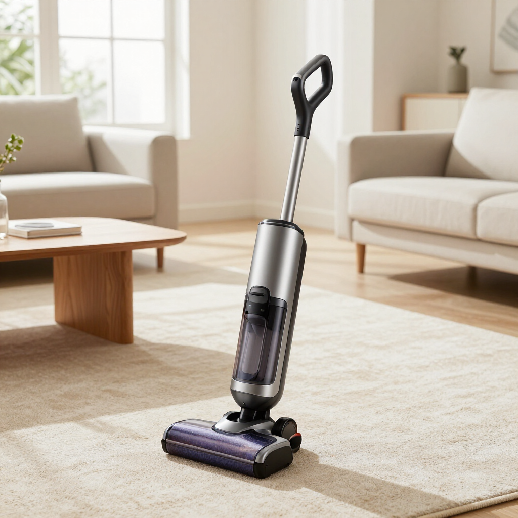 Cordless stick vacuum standing on a light rug in a bright living room near a sofa and coffee table