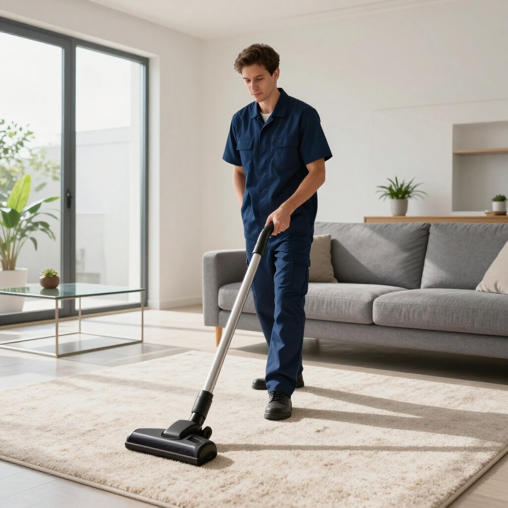 Person vacuuming a cream rug in a bright living room with a gray sofa and large window