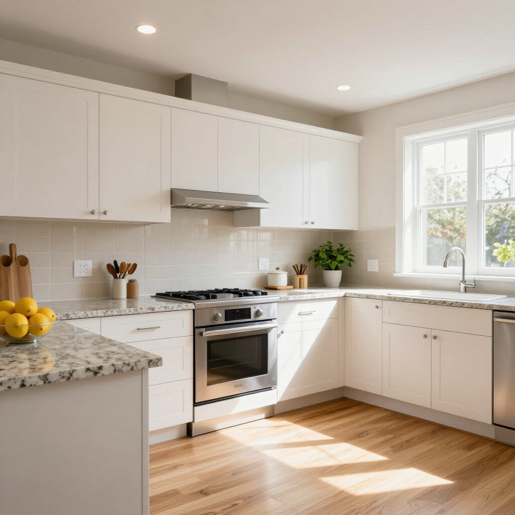Bright modern white kitchen with granite counters, stainless stove, and sunlight by a window
