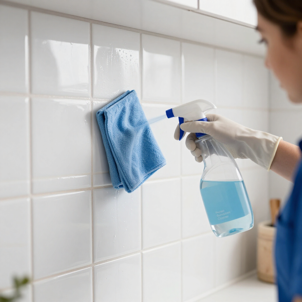 Gloved hand spraying cleaner on a tiled wall while wiping with a blue cloth