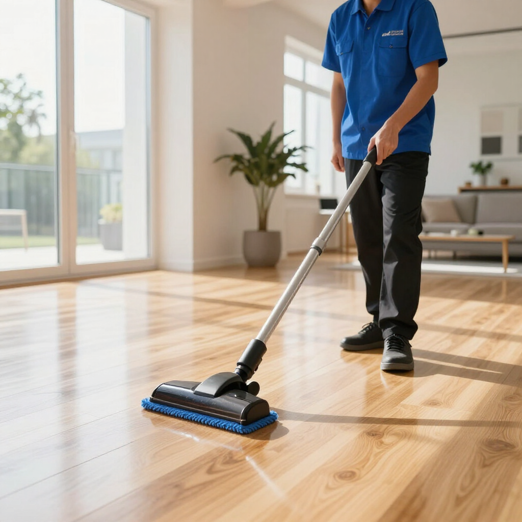 Person vacuuming a sunlit hardwood floor with a blue mop in a modern living room