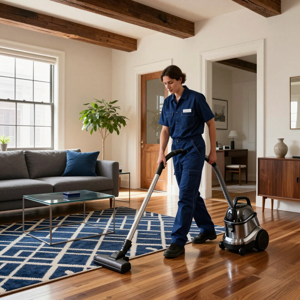 Technician vacuuming a living room with hardwood floors, blue rug, couch, and wooden ceiling beams