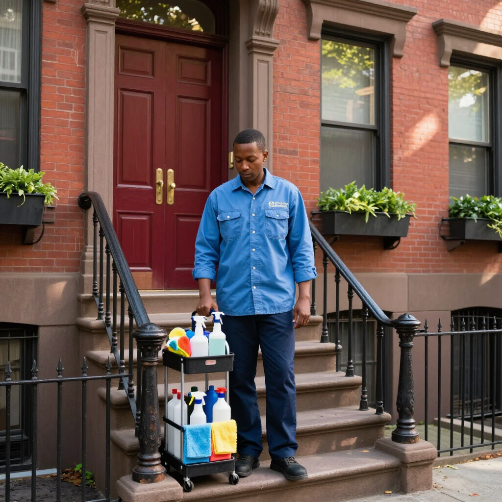Man standing on brownstone steps beside a cleaning cart with bottles and cloths in front of a red door