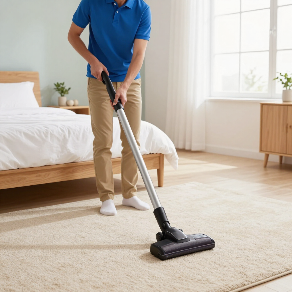 Person vacuuming a bright bedroom with a cordless vacuum cleaner