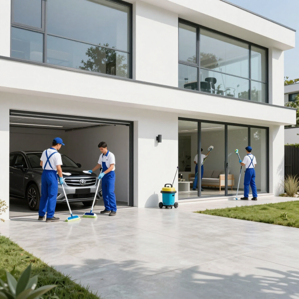 Two cleaners wash a car and tidy the driveway of a modern white house