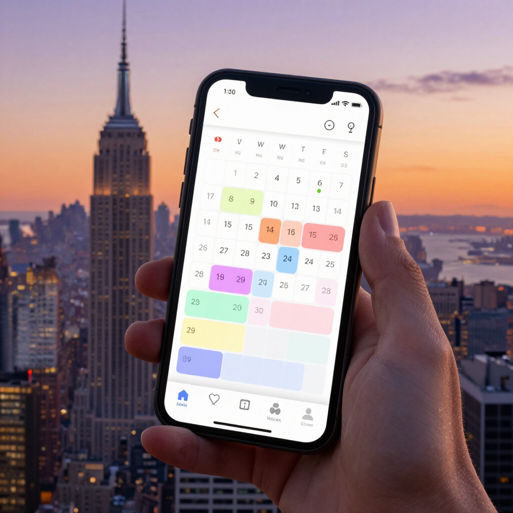 Hand holding a smartphone with a colorful calendar app over a city skyline at sunset