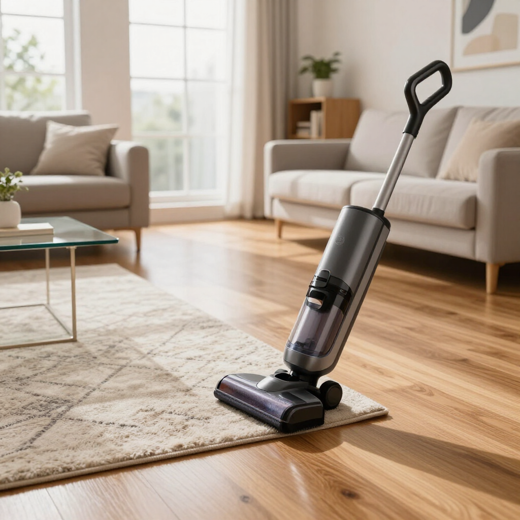 Cordless stick vacuum cleaning a hardwood floor in a bright living room