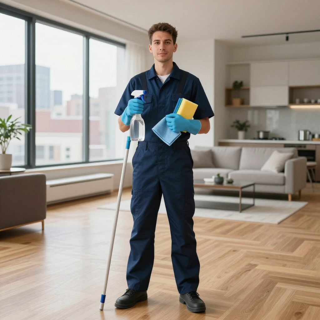 Cleaner in blue overalls holding mop and cleaning supplies in a bright apartment living room