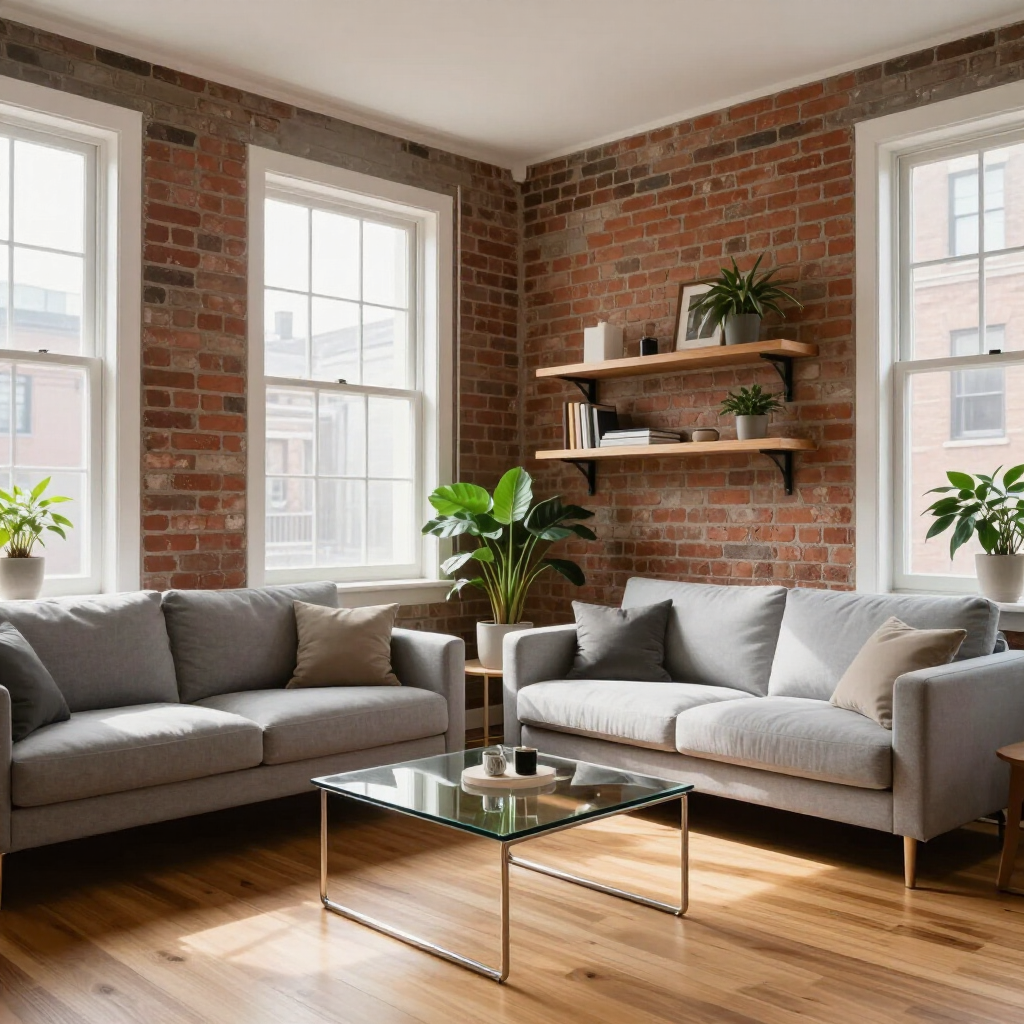 Bright living room with gray sofas, brick walls, large windows, wooden floor, and a glass coffee table
