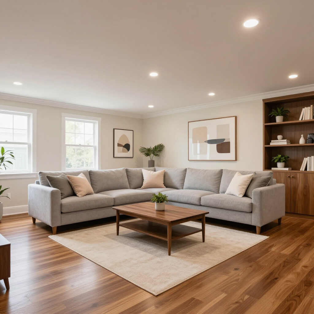Modern living room with gray sectional sofa, wooden coffee table, and hardwood floors