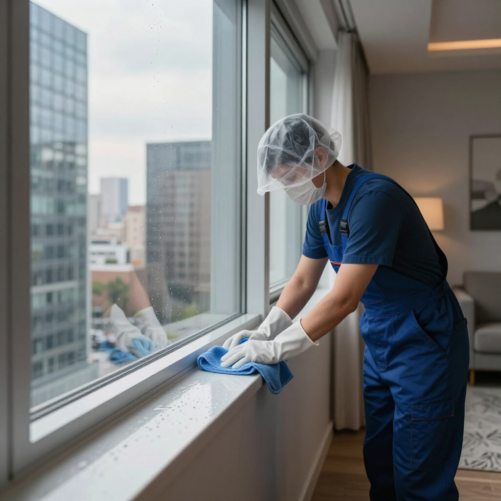 Healthcare worker in blue scrubs cleaning a hospital windowsill beside a city view