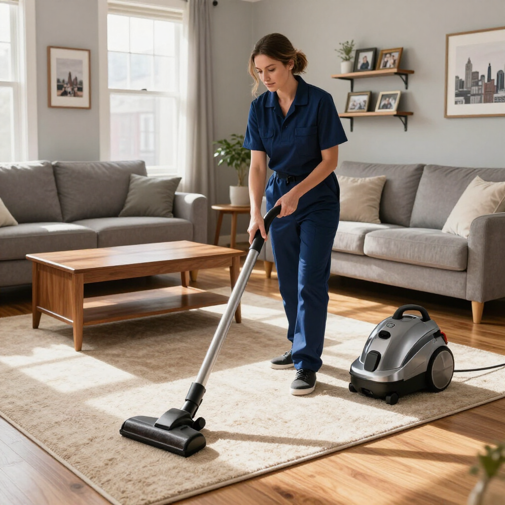 Woman vacuuming a light rug in a bright living room with a gray couch and wooden coffee table