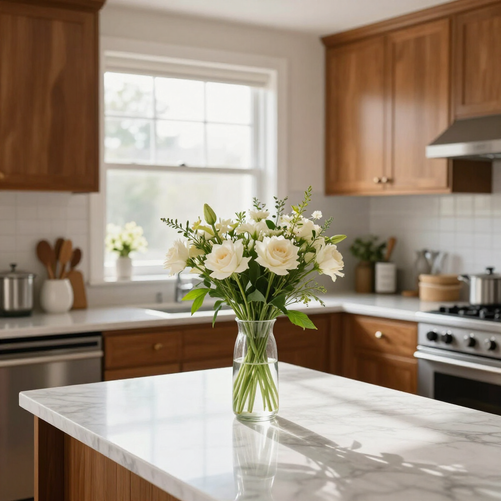 White flower bouquet in a glass vase on a kitchen island with sunlit wood cabinets and window.