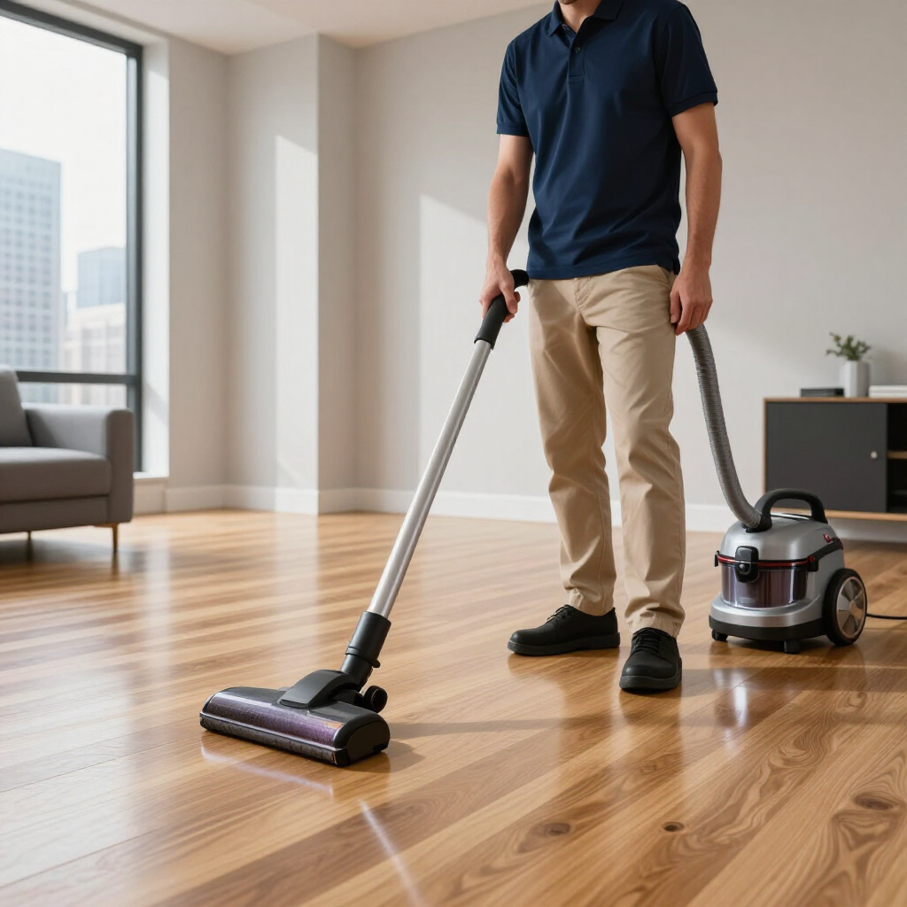 Person vacuuming a hardwood floor with a canister vacuum in a bright living room.