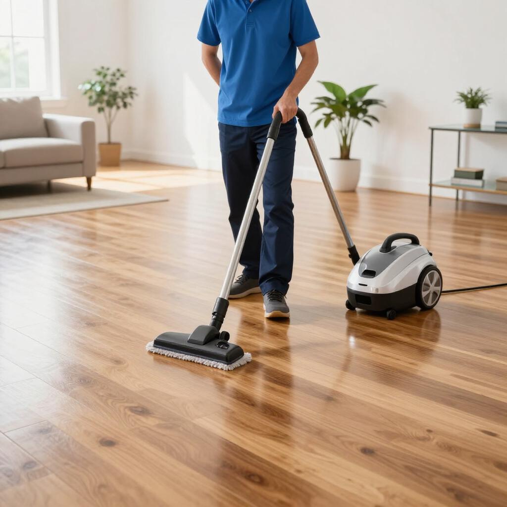 Person vacuuming a hardwood floor with a canister vacuum in a bright living room.