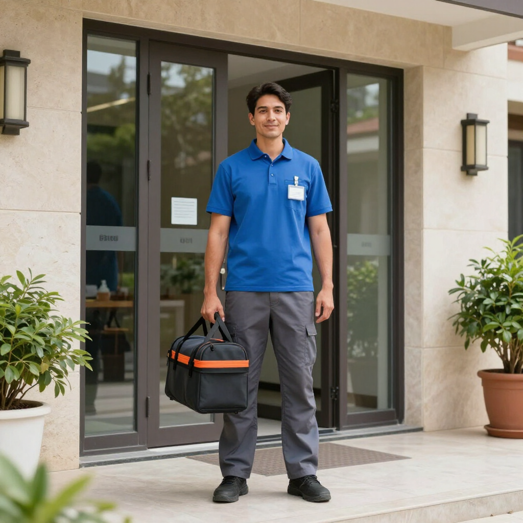 Delivery worker in blue polo carrying a black insulated bag outside a building entrance
