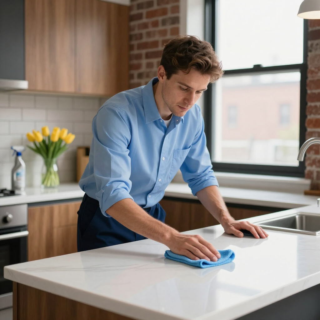 Man wiping a white kitchen counter with a blue cloth near a sink and window