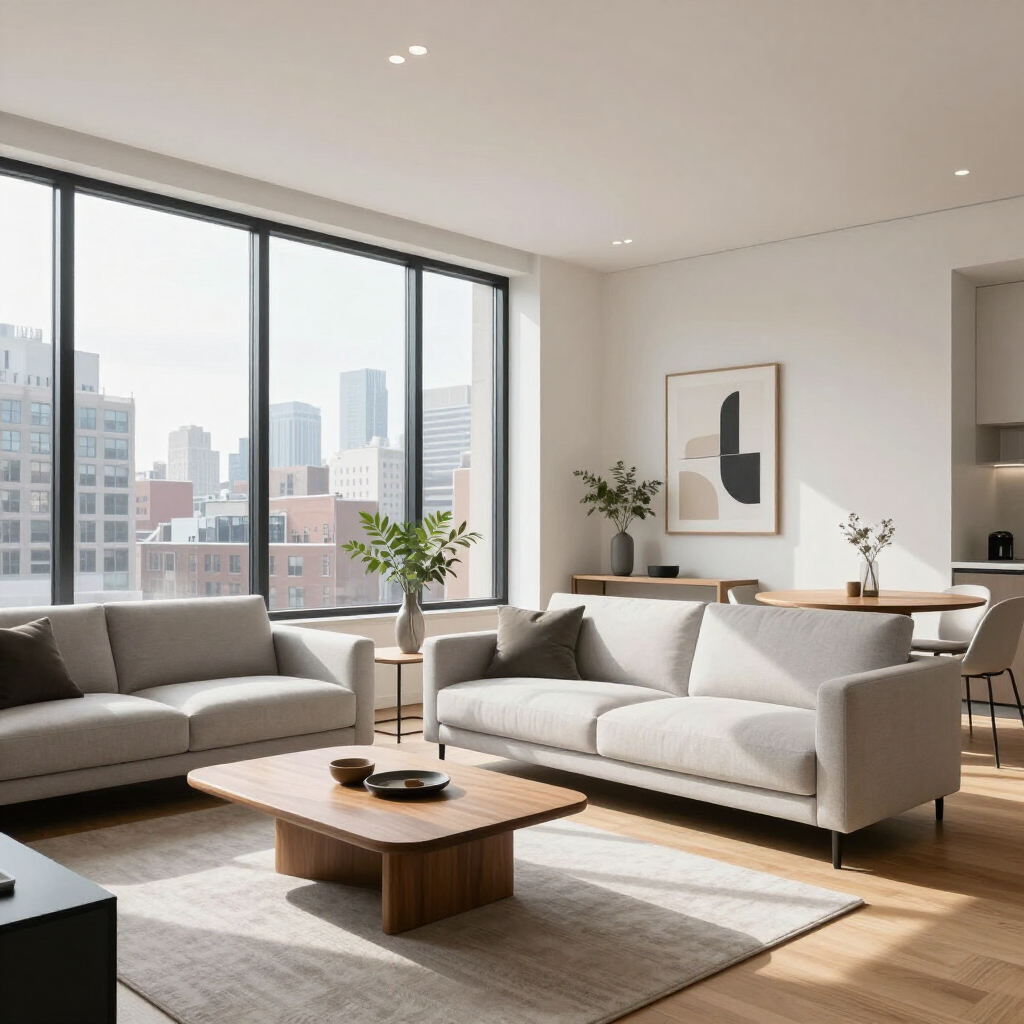 Bright modern living room with beige sofas, wooden coffee table, large windows, and city skyline view