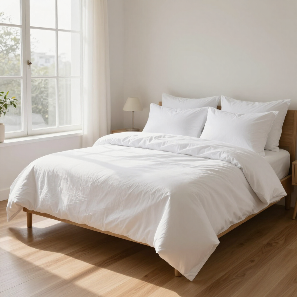 Bright bedroom with a white bed, linens, and a window beside it on a wooden floor