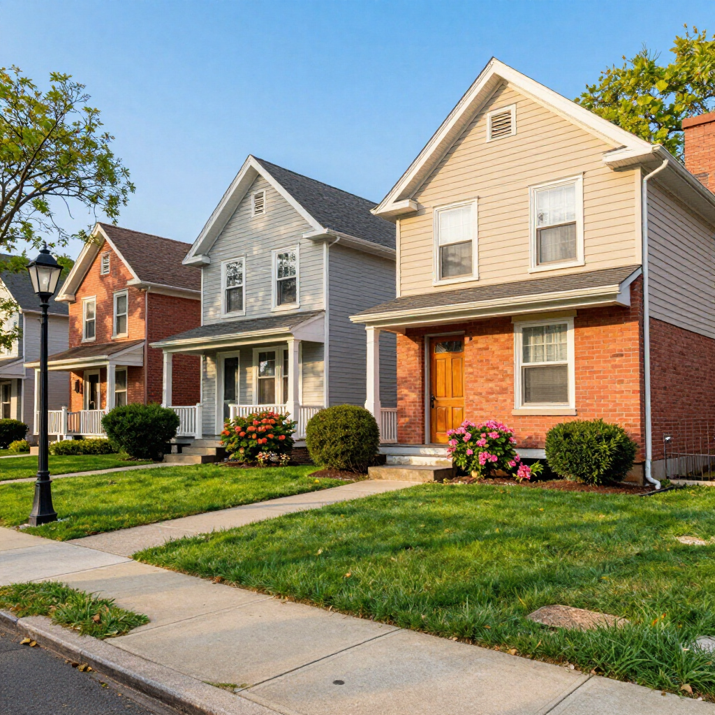 Row of suburban houses with brick and siding facades, lawns, sidewalks, and a streetlamp on a sunny day