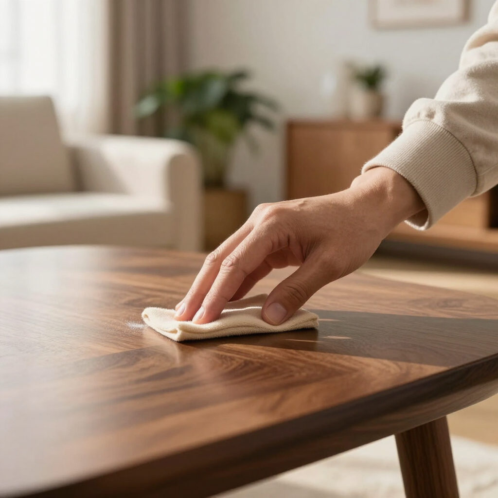 Hand wiping a wooden coffee table with a cloth in a bright living room