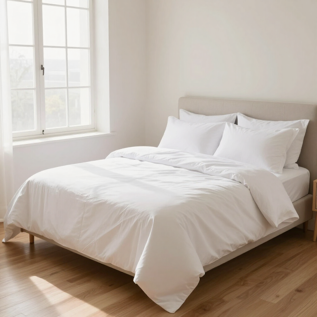 White bed with pillows in a bright, minimalist bedroom beside a sunlit window