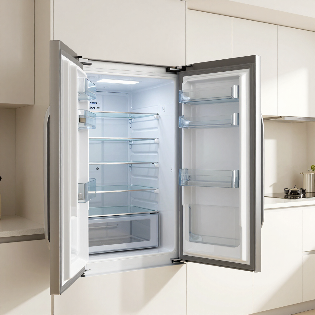 Open empty stainless steel refrigerator with both doors in a bright white kitchen