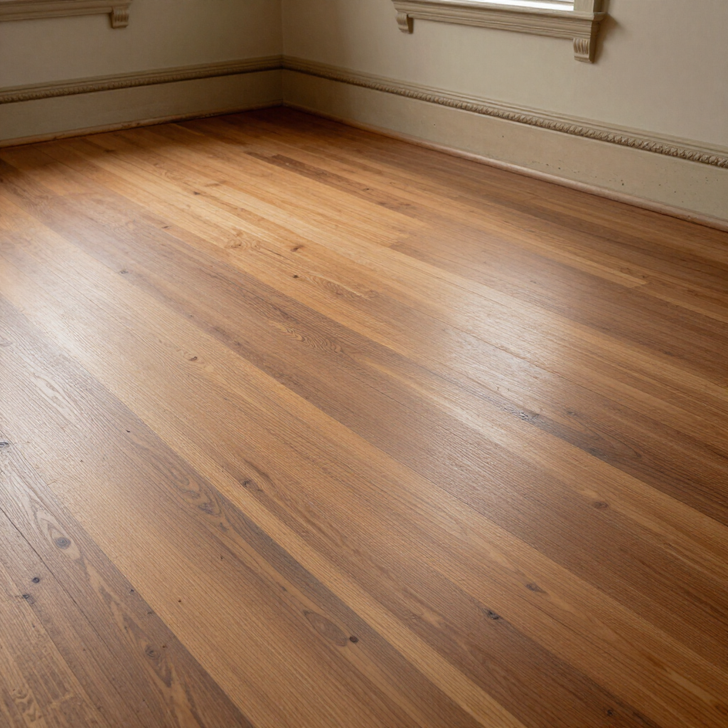 Empty sunlit room with hardwood floors and two windows.