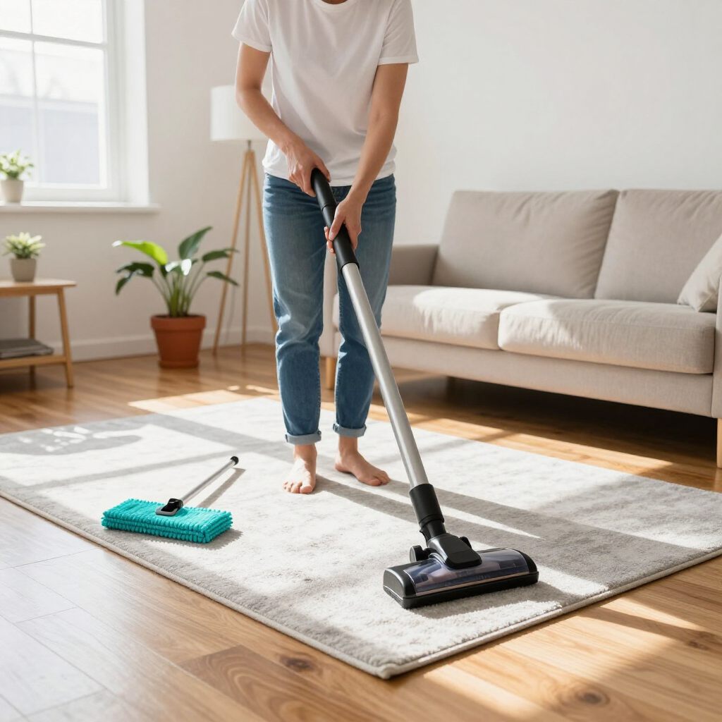 Person vacuuming a beige rug in a bright living room beside a blue mop and gray sofa