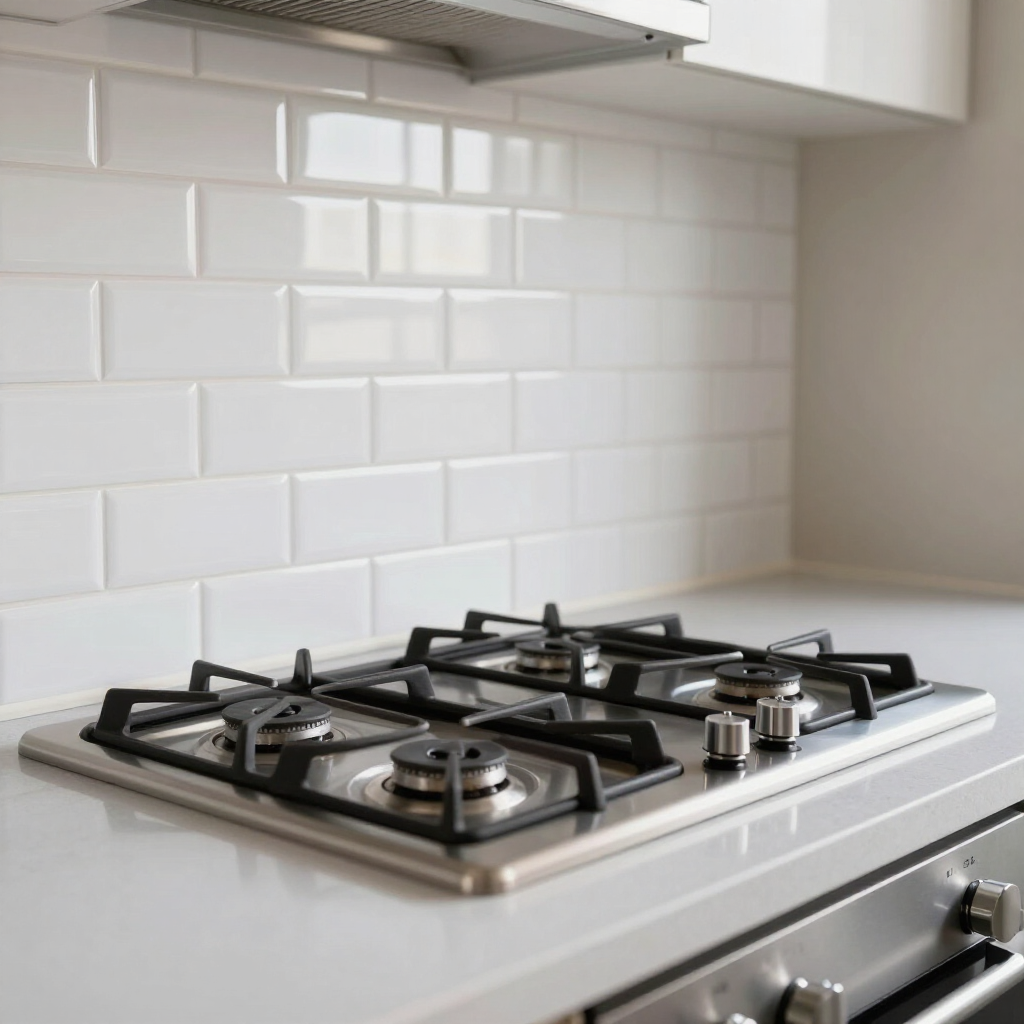 Modern kitchen gas cooktop with four burners on a white countertop and subway tile backsplash