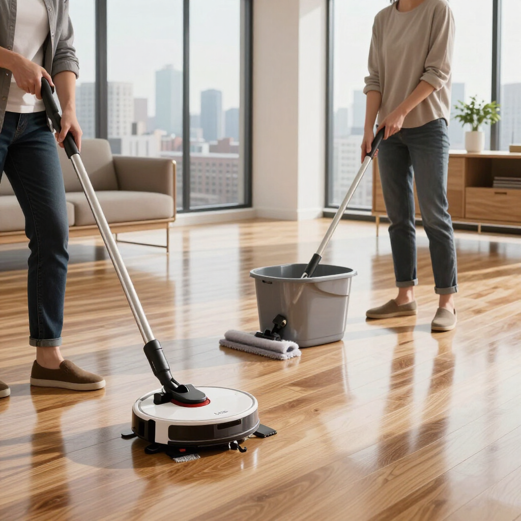 Two people mopping a bright living room floor while a robot vacuum cleans nearby.