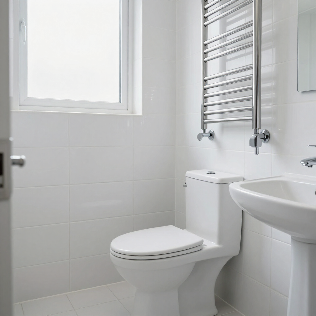Small white bathroom with toilet, sink, towel radiator, and frosted window