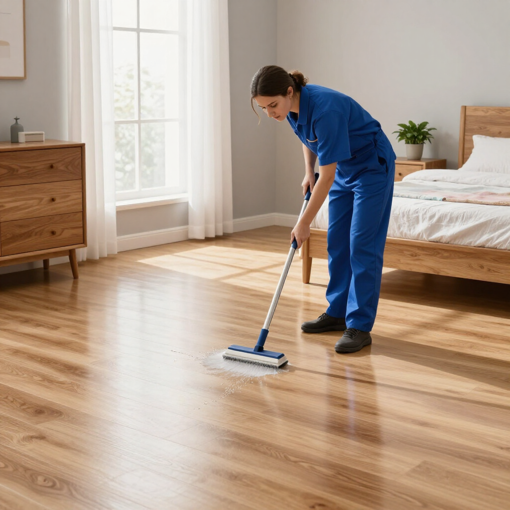 Person mopping a sunlit wooden bedroom floor with a blue cleaning tool