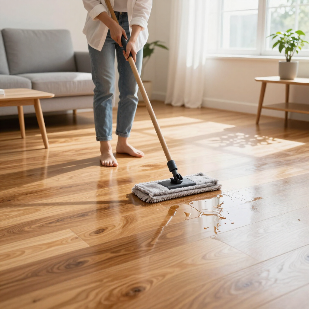 Person mopping a sunlit hardwood floor in a living room, cleaning up spilled water.