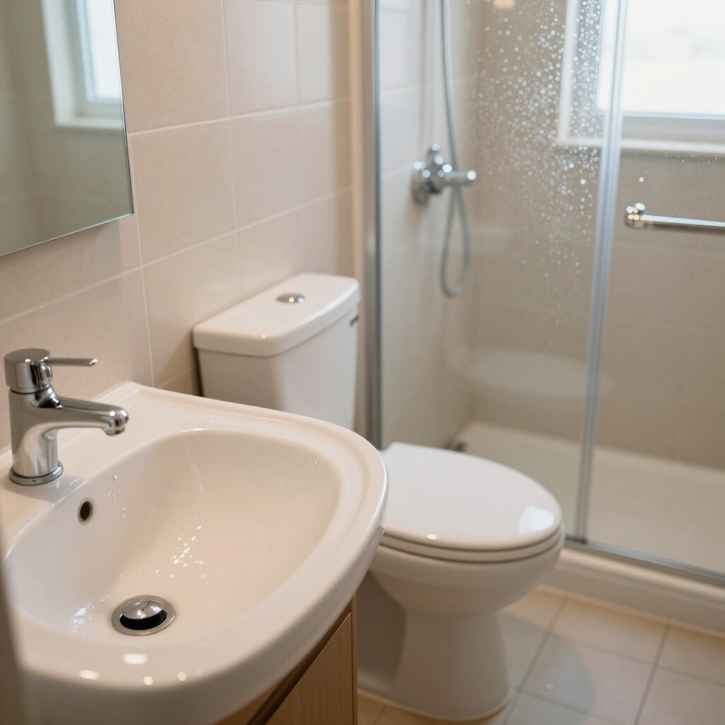 Modern bathroom with sink, toilet, and glass-enclosed shower in beige tile.