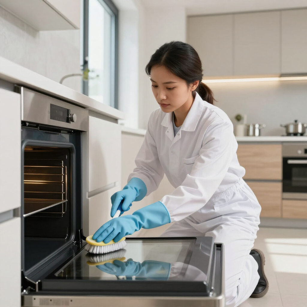 Woman in a white lab coat cleaning an oven with a brush and blue gloves in a bright kitchen