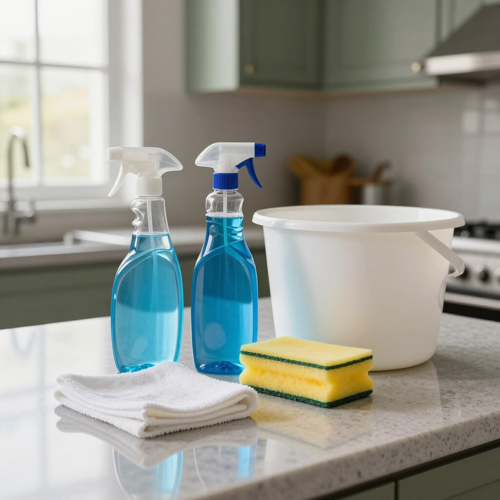 Cleaning supplies on a kitchen counter: spray bottles, bucket, sponges, and folded cloths.