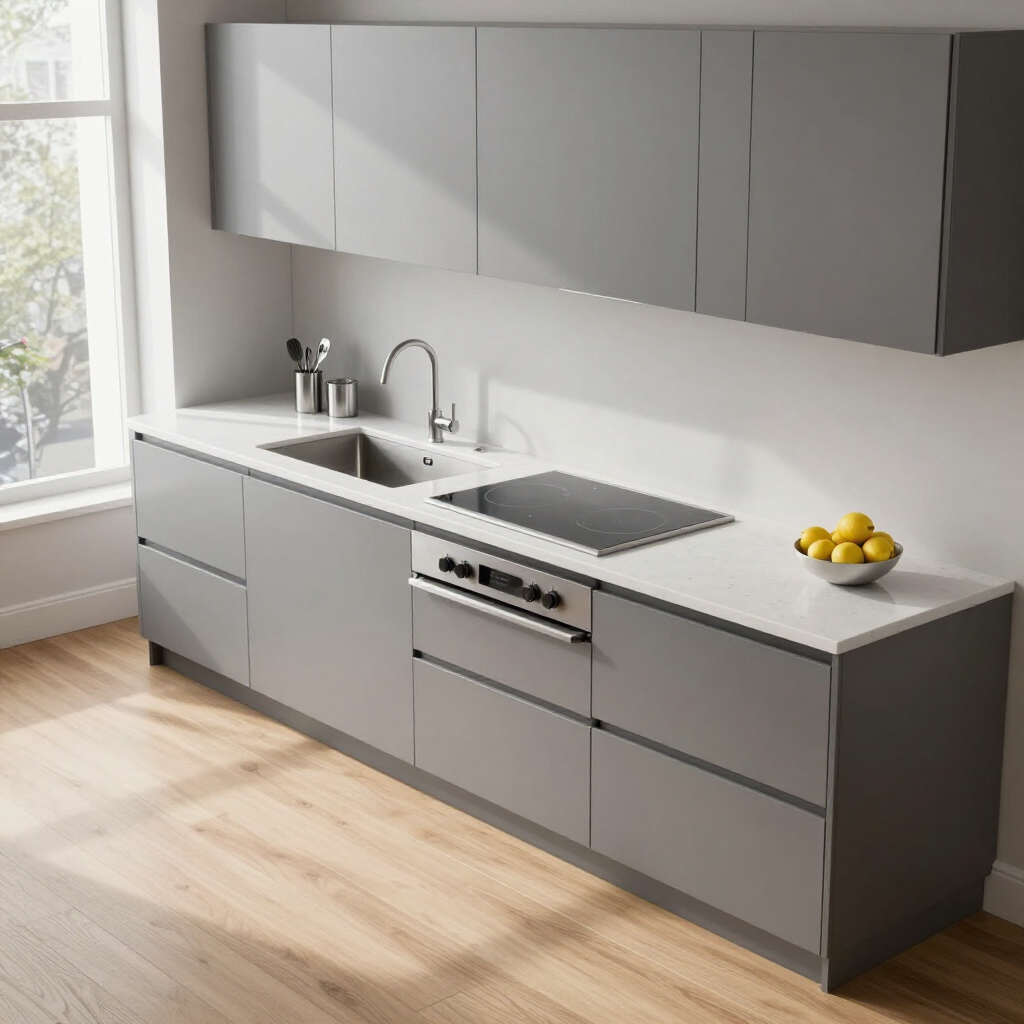 Modern gray kitchen with white countertop, sink, stove, cabinets, and a bowl of lemons by a window