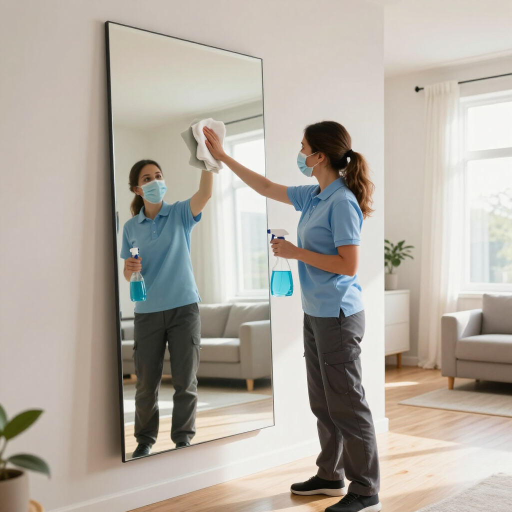 Cleaner wiping a wall mirror in a bright living room, holding a spray bottle.