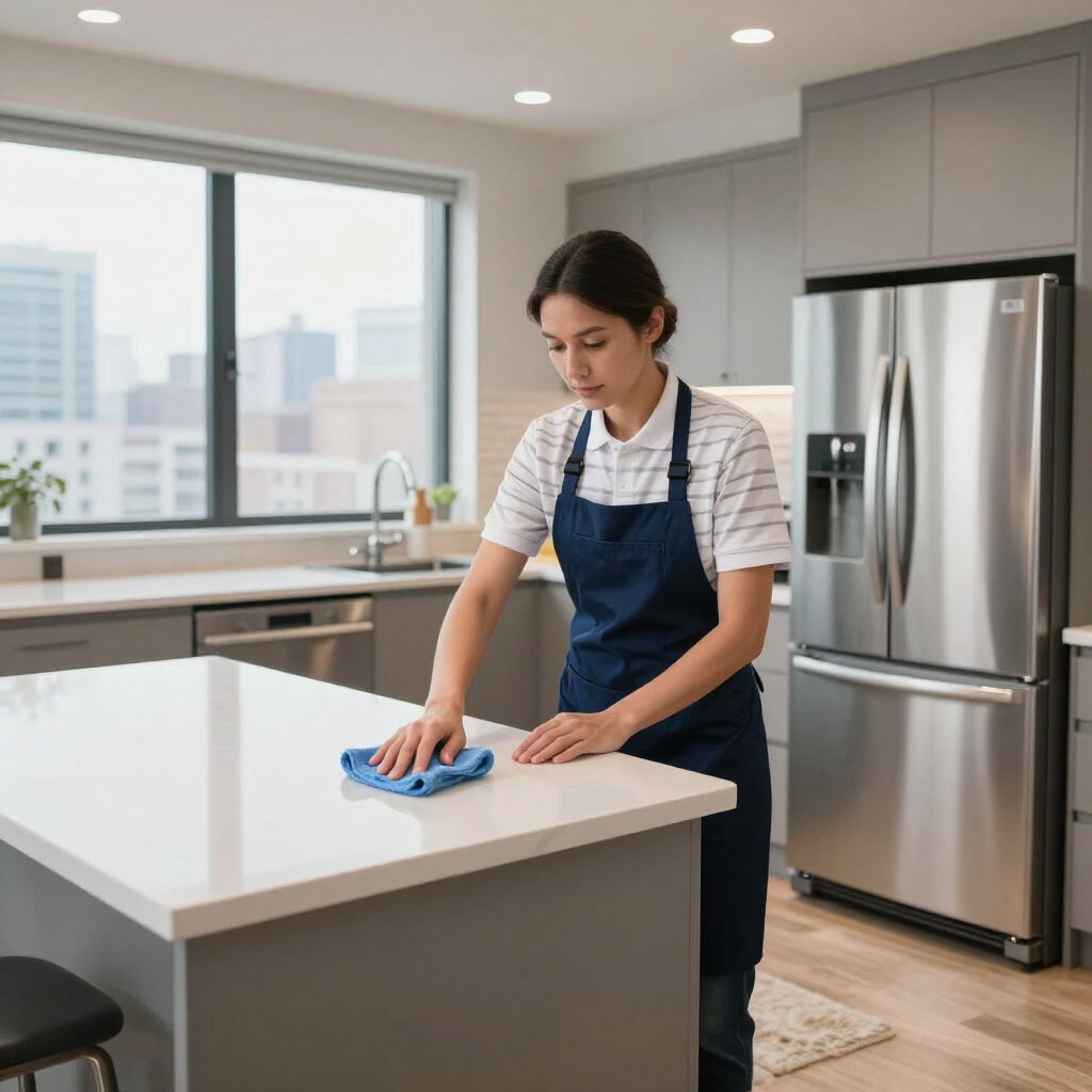 Woman wiping a kitchen counter with a blue cloth in a modern apartment kitchen.