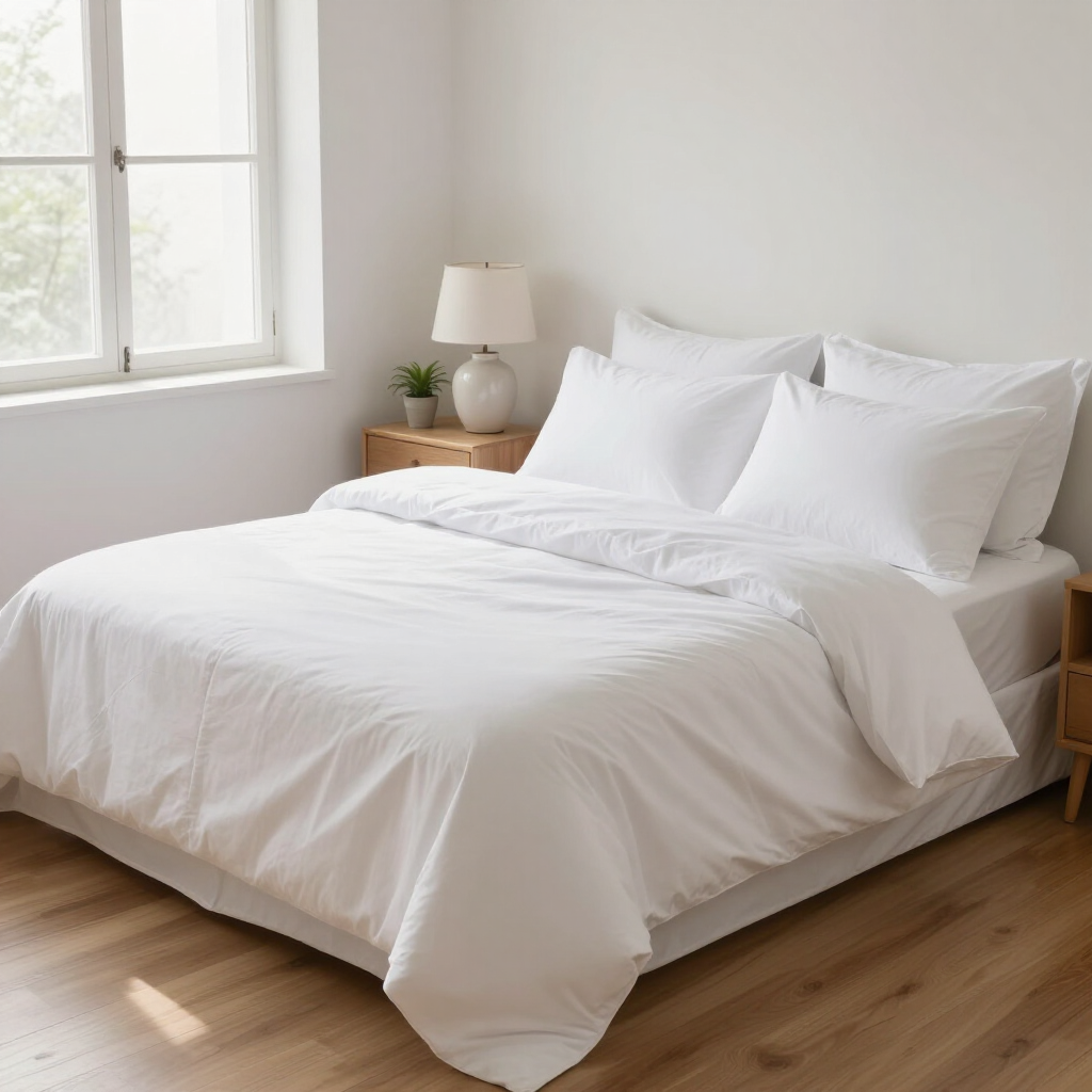 Bright white bed in a sunlit bedroom with wooden floor, bedside lamp, and a window