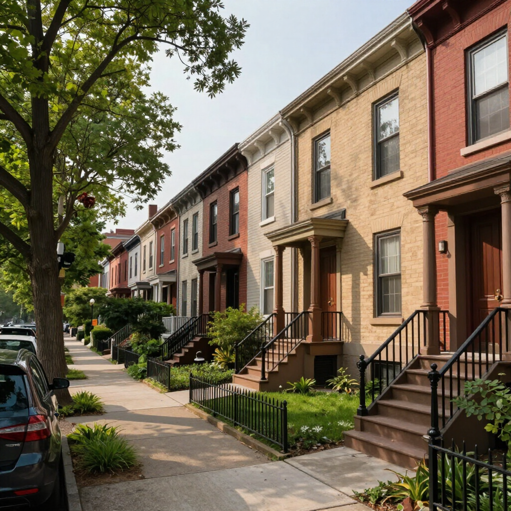 Tree-lined city street with brick row houses, front steps, and parked cars