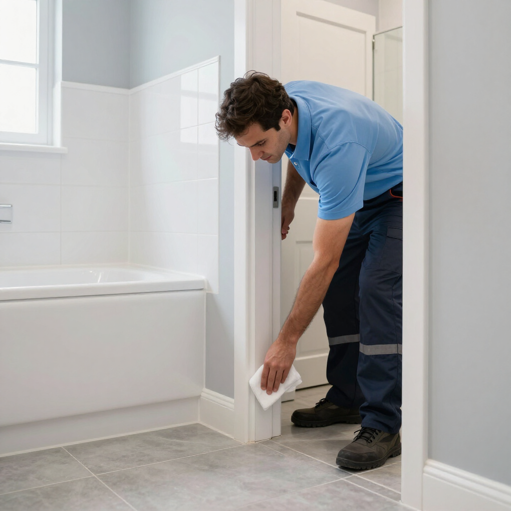 Worker cleaning a bathroom baseboard with a cloth next to a bathtub