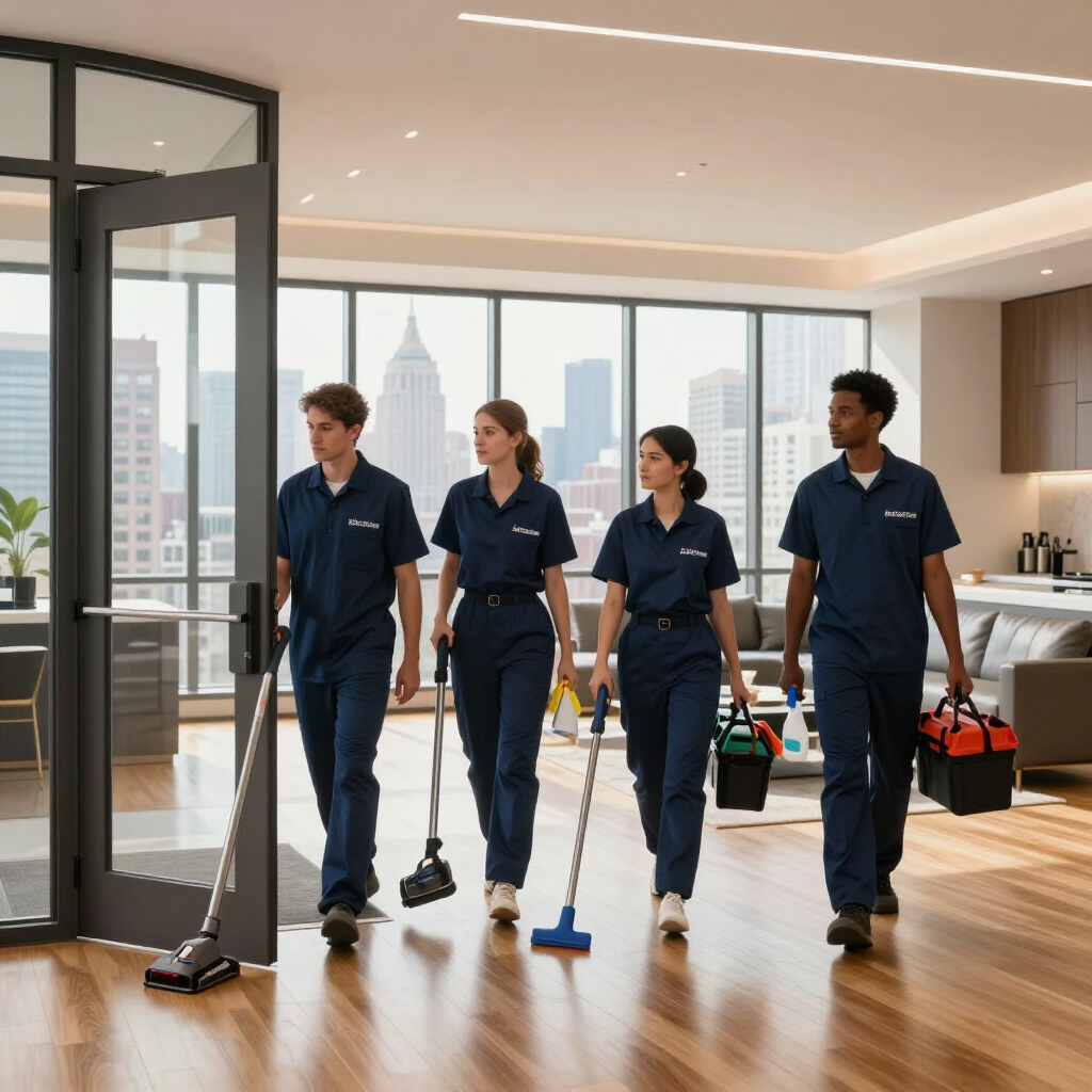 Four cleaners in navy uniforms vacuuming a bright modern office with large windows