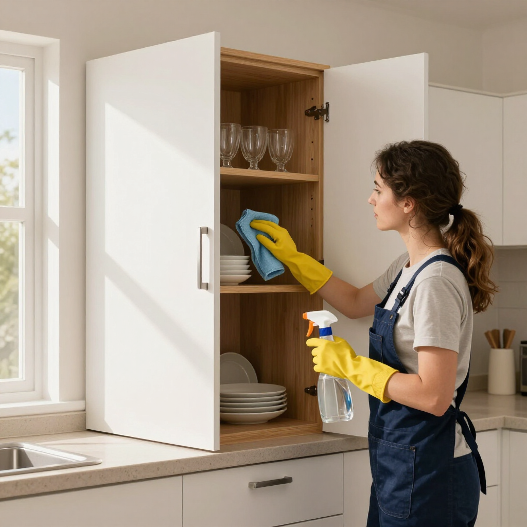 Person in yellow gloves wiping a kitchen cabinet shelf with a spray bottle nearby