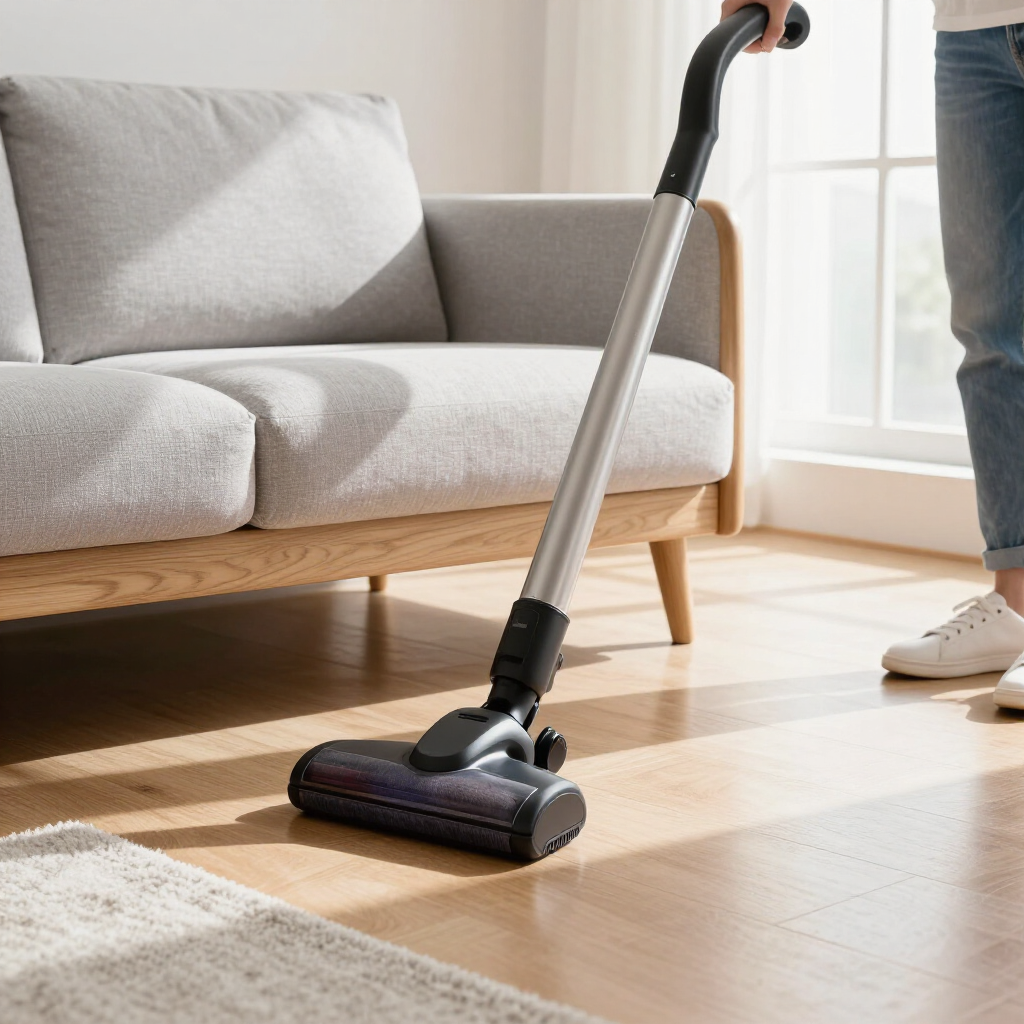 Vacuum cleaning a light wood floor beside a gray sofa in a sunlit living room