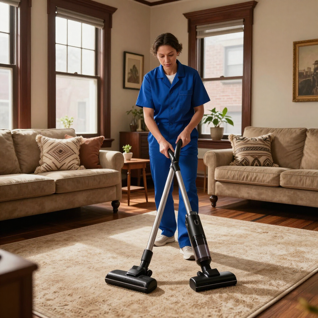 Person in blue uniform vacuuming a patterned rug in a sunlit living room.