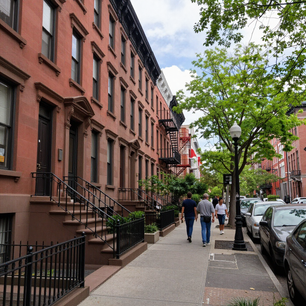 Tree-lined city sidewalk with brownstone buildings, parked cars, and pedestrians walking along the street