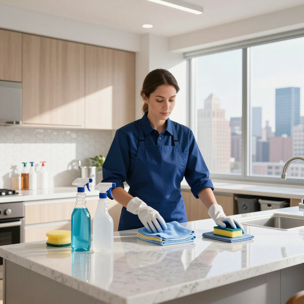 Cleaner wiping a kitchen island with spray bottle and cloth, modern bright kitchen with city view